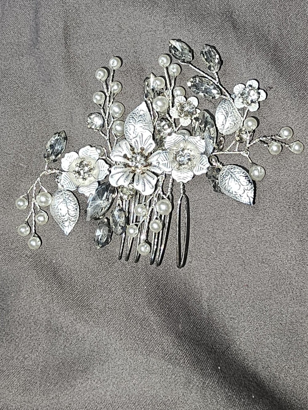 Silver Pearl and Crystal Floral Hair Comb - Wedding, Prom, Formal